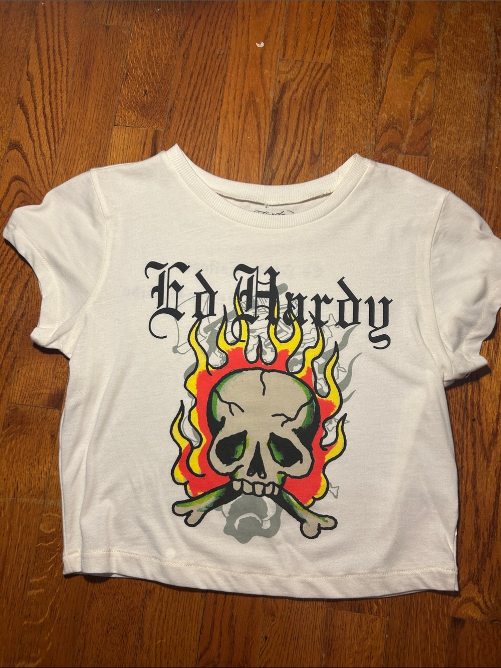Ed Hardy White Skull Tee with Red and Yellow Flames